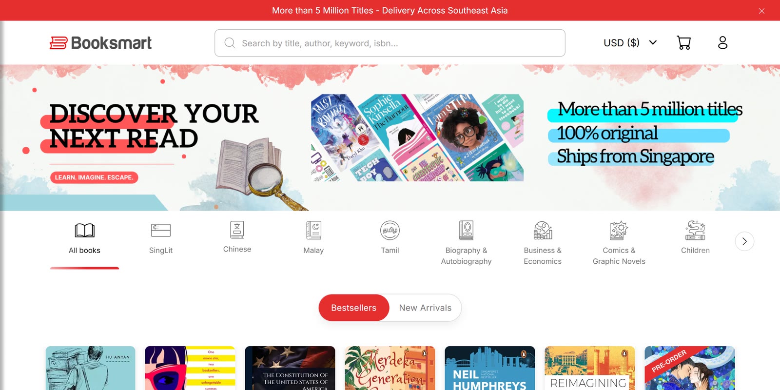 A scroll through the Booksmart storefront, from the Discover Your Next Read banner past rows of bestsellers, its featured authors and reader reviews, to the newsletter sign-up and the footer.