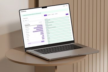 A laptop showing every field read off a purchase order, each outlined green beside the document it came from, under a banner saying all fields matched across PO, GRN and invoice.