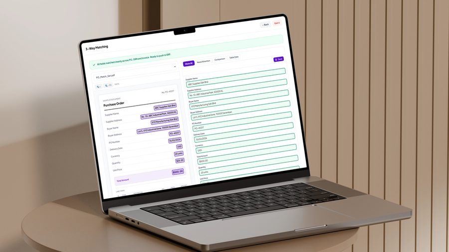 A laptop showing every field read off a purchase order, each outlined green beside the document it came from, under a banner saying all fields matched across PO, GRN and invoice.