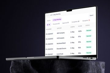 A laptop showing the three-way matching queue: purchase orders by supplier, each with a match score and the status Matched, and tabs for approval, completed and exceptions.