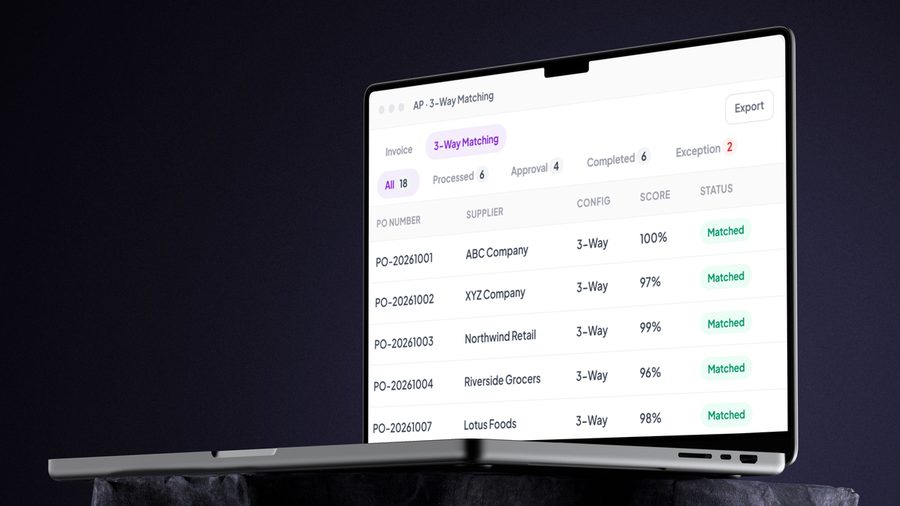 A laptop showing the three-way matching queue: purchase orders by supplier, each with a match score and the status Matched, and tabs for approval, completed and exceptions.
