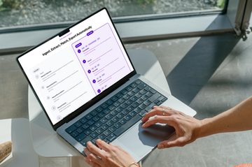 A person typing on a laptop showing the old way against the new: manual collection, entry, reconciliation and analysis beside consolidate, extract, reconcile, analyse and execute.