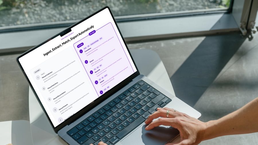A person typing on a laptop showing the old way against the new: manual collection, entry, reconciliation and analysis beside consolidate, extract, reconcile, analyse and execute.